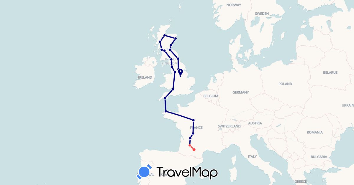 TravelMap itinerary: driving, hiking in France, United Kingdom (Europe)